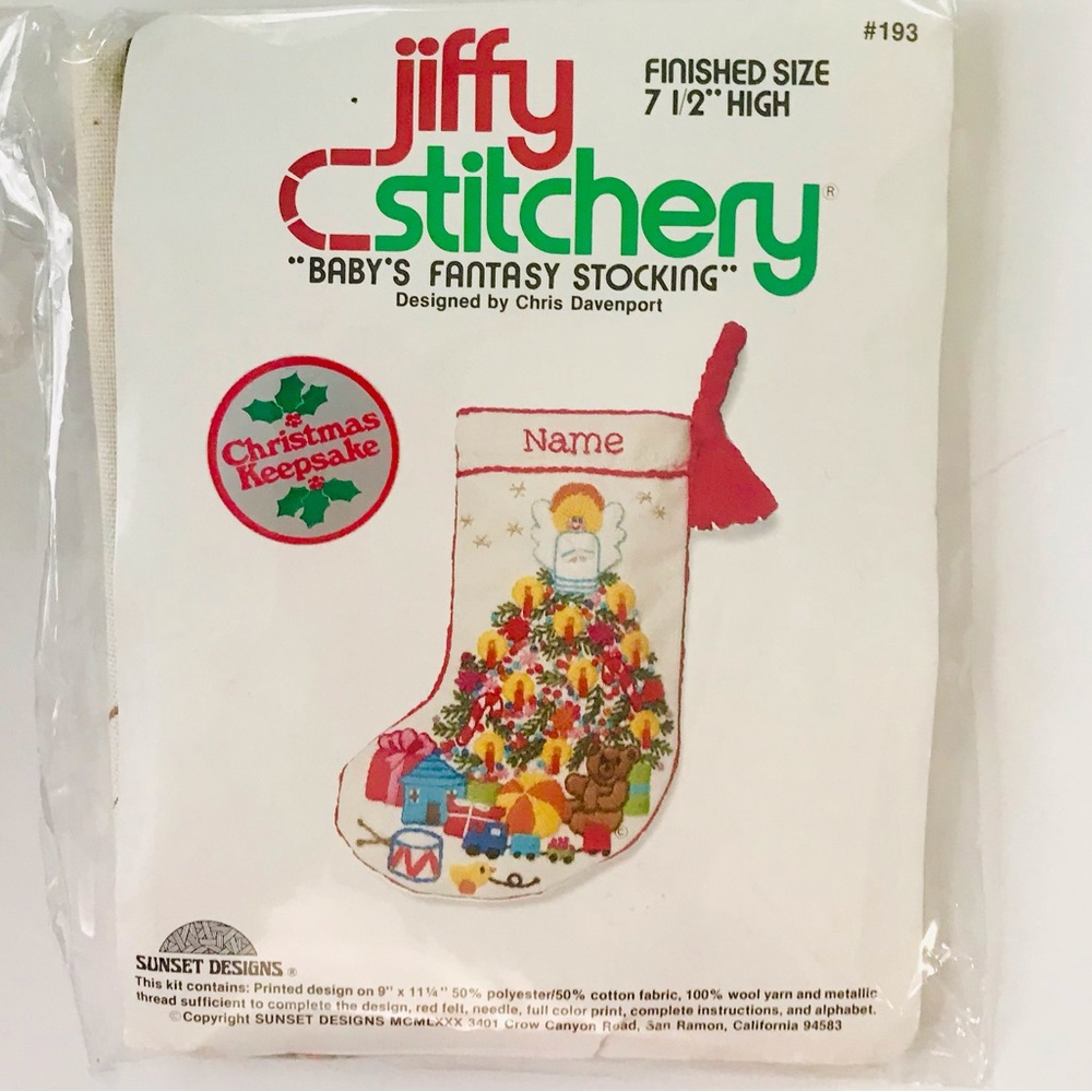 Jiffy Stitchery No. 193 Baby’s Fantasy Stocking  7.5” Tall Crewel Embroidery Kit